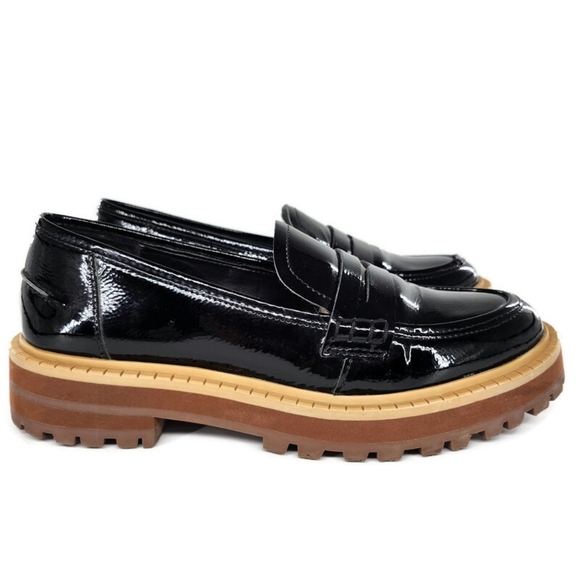 Vince Camuto McKella Black Patent Leather Chunky Lug-Sole Penny Loafers - Picture 2 of 10